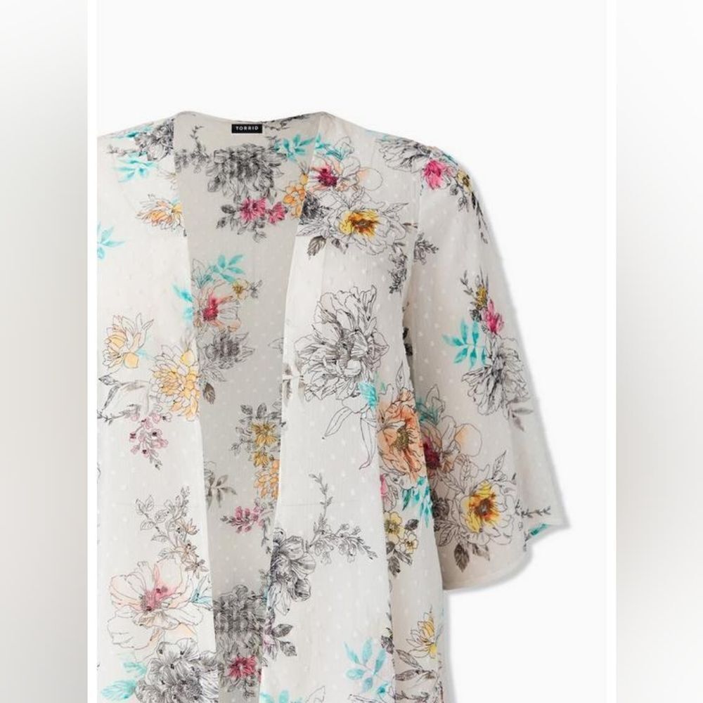 Torrid Women's White Floral Swiss Dot Hi-Low Kimono Size 1/2 - Picture 7 of 10